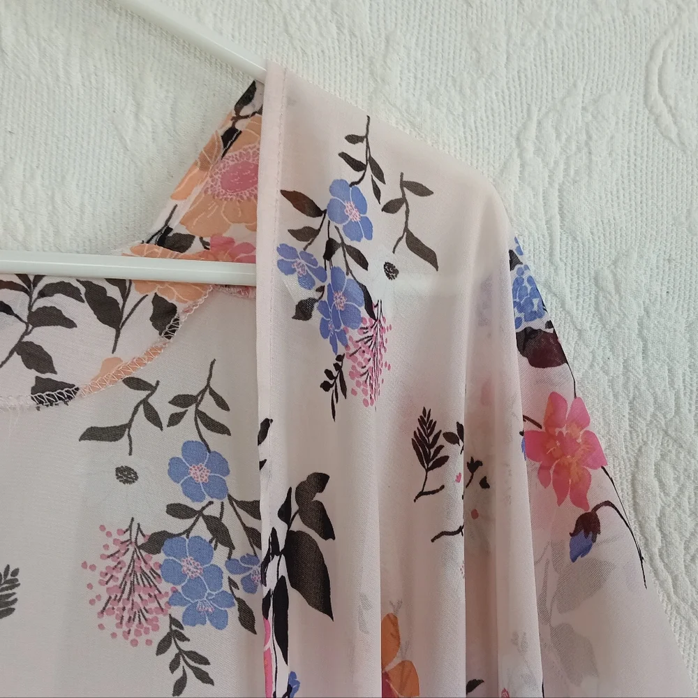 Pink Floral Sheer Kimono Wrap Elegant Soft Girl Femme Flowy Pastel Airy Light OS
